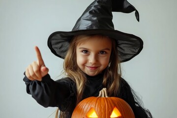 Halloween child with jack-o-lantern pumpkin pointing at you. Little child in witch hat with Halloween pumpkin. Halloween celebration on Christmas day. with generative ai