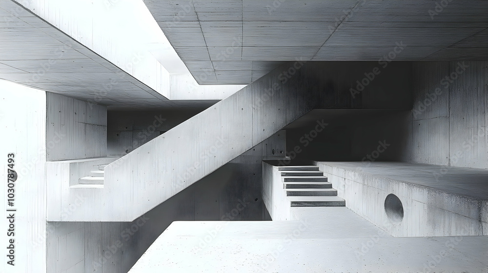 Poster abstract concrete architecture featuring stairs and geometric forms.