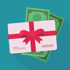Gift card on a wad of green dollar bills on a blue background with long shadow (flat design)