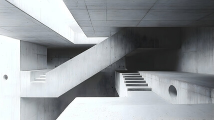 Obraz premium Abstract concrete architecture featuring stairs and geometric forms.