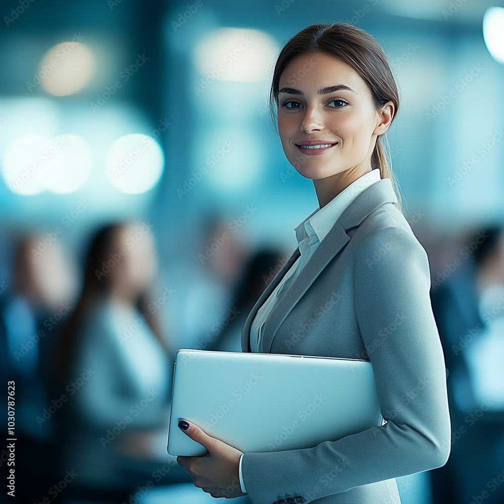 Wall mural a young professional woman at a desk, her focused gaze directed slightly towards the viewer, suggest