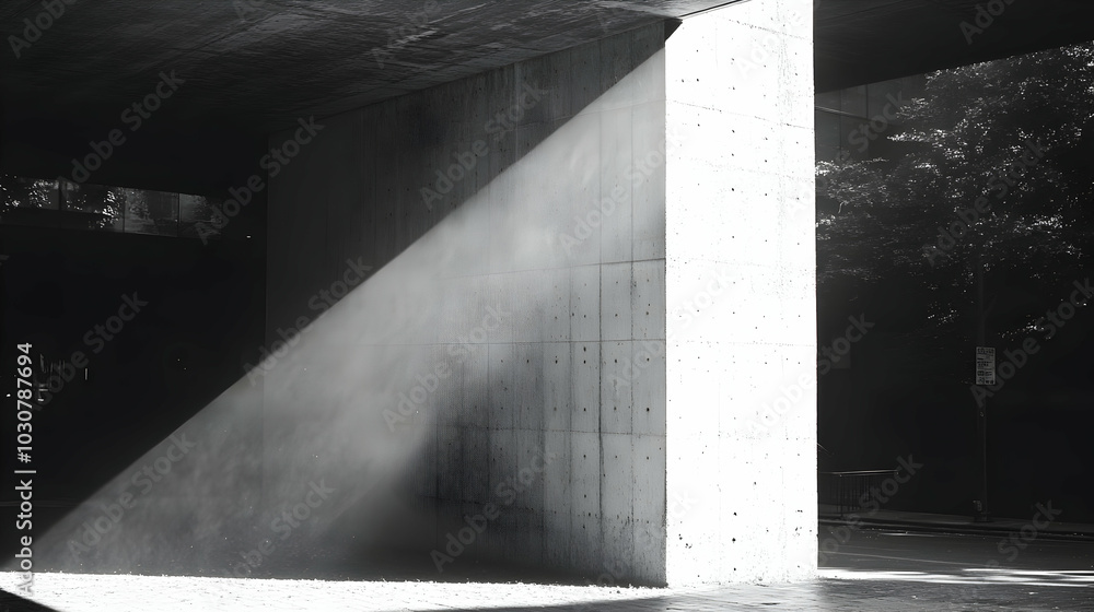 Poster a beam of light illuminating a concrete structure in a minimalist setting.