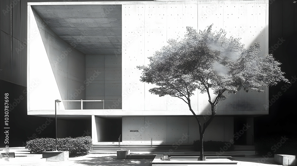 Poster modern architectural structure with a tree in a minimalist setting.