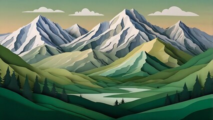 A layered illustration of mountains made to look like paper cutouts, with each layer representing a different landscape tone, from snowy peaks to green valleys.
