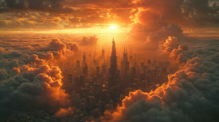 Futuristic metropolis emerges from golden clouds at sunset. Towering skyscrapers pierce through a sea of illuminated vapor, bathed in warm, ethereal light. Majestic cityscape .