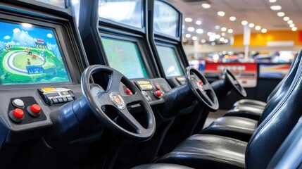 Obraz premium Dive into a vibrant retro arcade experience featuring neon-lit cabinets and captivating pixel art reminiscent of vaporwave aesthetics