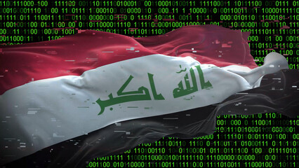 Binary code on flag of Iraq. Program source code or Hacker concept on Iraqi flag. Iraq digital technology security, hacking or programming