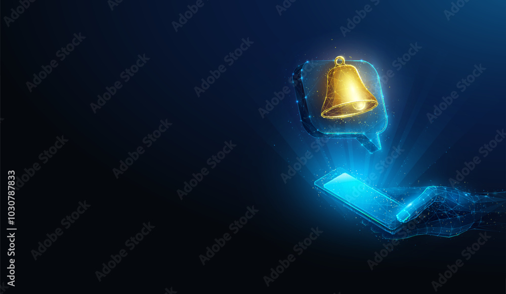 Poster abstract illustration of low poly chat bubble with gold notification bell over smartphone. geometric