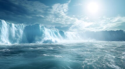 Naklejka premium Glacier calving into the ocean with rising sea levels, symbolizing the impact of global warming on polar ice