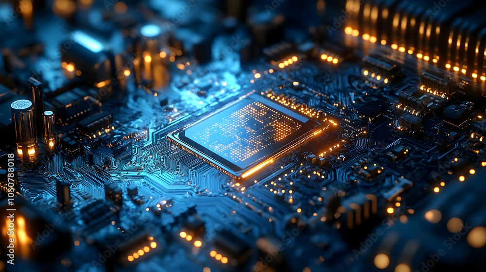 Poster close-up of a glowing microchip on a circuit board.