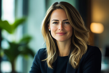 Fototapeta premium A young professional woman at a desk, her focused gaze directed slightly towards the viewer, suggesting engagement and confidence. She wears a tailored suit