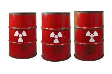 Red barrel with radioactive waste. Nuclear warning sign. Rusty dangerous barrel with radionuclide,...