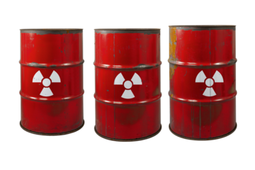 Red barrel with radioactive waste. Nuclear warning sign. Rusty dangerous barrel with radionuclide, hazardous toxins on isolated background