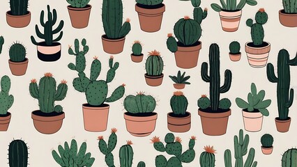 A seamless minimal pattern featuring different potted cactus plants drawn in a clean, simple style.