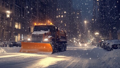 Snowplow truck clearing city streets during a night snowfall. Winter. AI generated image