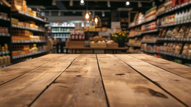 Wooden Table In A Grocery Store With Shelves Of Products