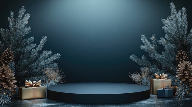 This mock-up podium showcases a stylish product display for the holiday season, adorned with a Christmas tree, gift boxes, and festive decorations against a dark blue wall