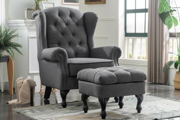Elegant Dark Gray Wingback Chair and Ottoman Set with Buttoned Fabric for Living Room or Bedroom