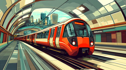 Fototapeta premium A vibrant train arriving at a modern underground station.