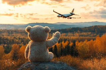 Teddy Bear Waving Goodbye to Airplane