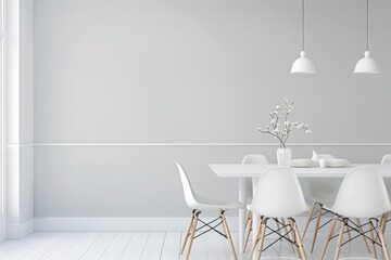 A minimalist dining area with a sleek white table and chairs set against a backdrop of soft dove gray walls