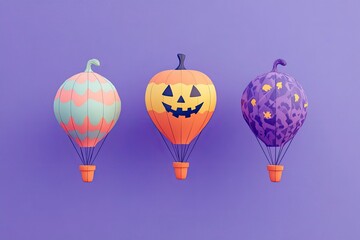 Fototapeta premium Halloween colorful air balloons design in cartoon style isolated on gradinet purple background. with generative ai