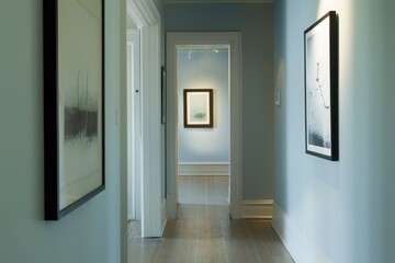 A minimalist hallway adorned with different-coloured walls and a simple gallery of black and white artwork