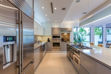 A modern kitchen featuring smart appliances, such as a refrigerator with built-in touchscreen and voice-activated cooking assistance