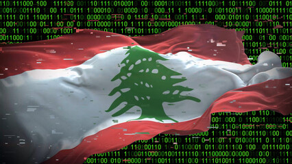 Binary code on flag of Lebanon. Program source code or Hacker concept on Lebanese flag. Lebanon...