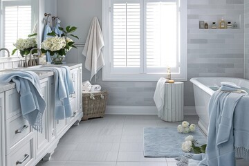 A refreshing bathroom adorned with soft gray tiles and accents of light blue in the towels and accessories,