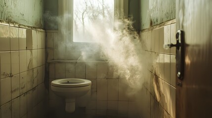 Air in the bathroom filled with airborne pathogens Pathogens, Bathroom Illustrating the spread of pathogens