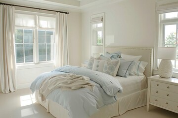 A bright and airy living room with white walls and pops of yellow in the throw pillows, artwork, and decorative vases