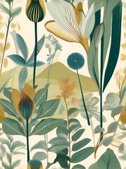 A folk-inspired botanical design featuring stylized plants and flowers in soft, earthy tones. Perfect for nature-themed decor or folk art lovers.