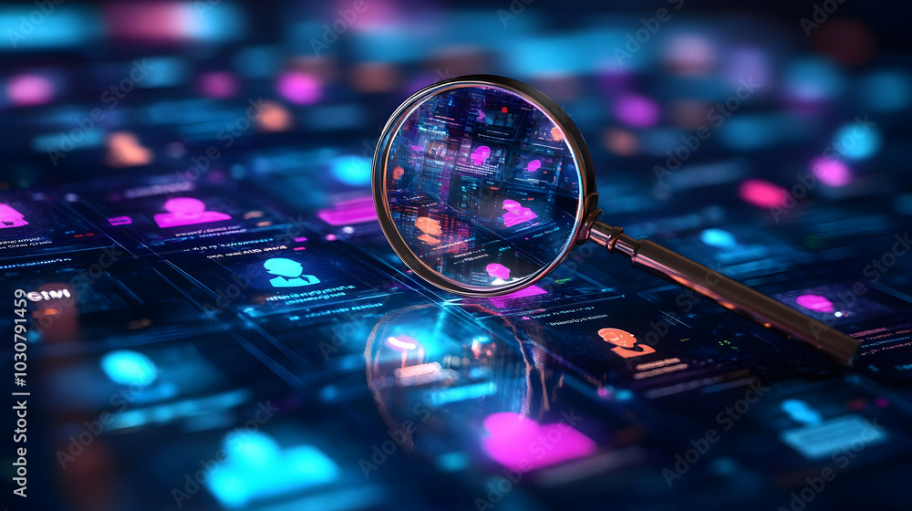 Poster a magnifying glass over a digital interface with user profiles.