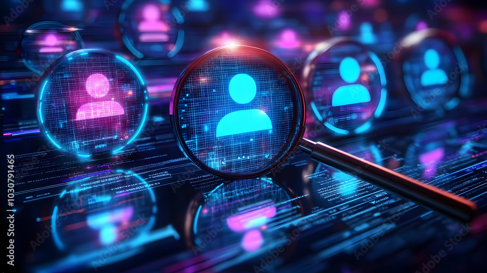 Aufkleber digital magnifying glass over user icons in a tech-themed setting.