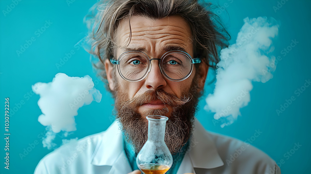 Poster scientist holding a flask with smoke, showcasing a curious expression.