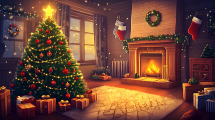 A cozy Christmas scene with a decorated tree, fireplace, and festive decorations.