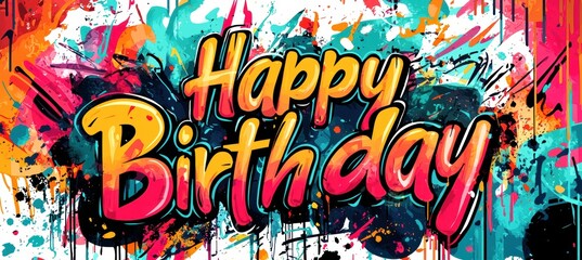 Bold Graffiti Art Happy Birthday Card Design with Colorful Spray Paint Elements