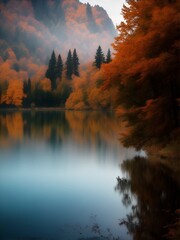 Obraz premium A peaceful autumn lake landscape with calm waters reflecting colorful fall trees, creating a serene and tranquil atmosphere, perfect for nature-inspired decor.