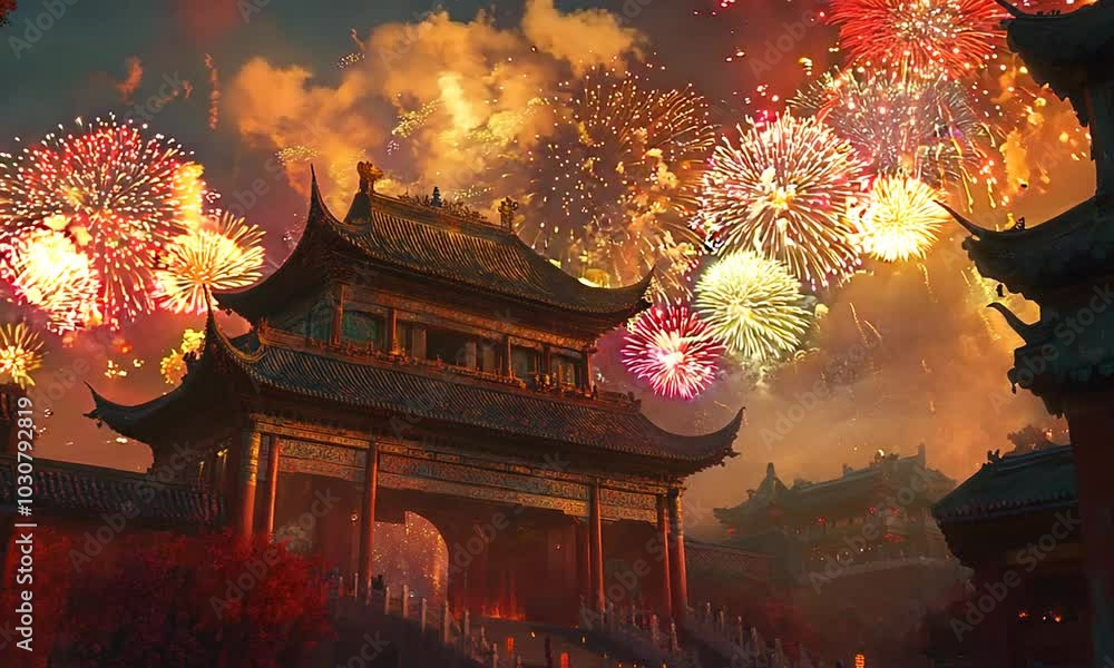 Poster chinese new year a fireworks display is taking place in front of a building with red and white flags