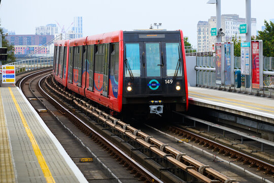 London, UK - September 19, 2024; DLR Docklands Light Rail train at Royal Albert elevated station in East London