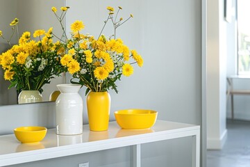 Fototapeta premium An inviting entryway with soft gray walls and a minimalist console table featuring different-colored accents