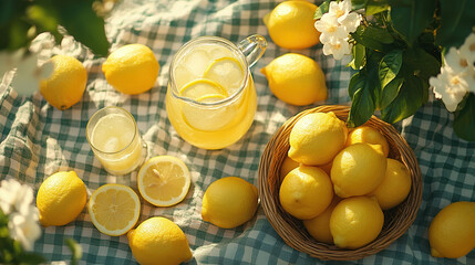 Close-up of a jar of freshly made lemonade surrounded by lemons, showcasing its vibrant colors and refreshing qualities.