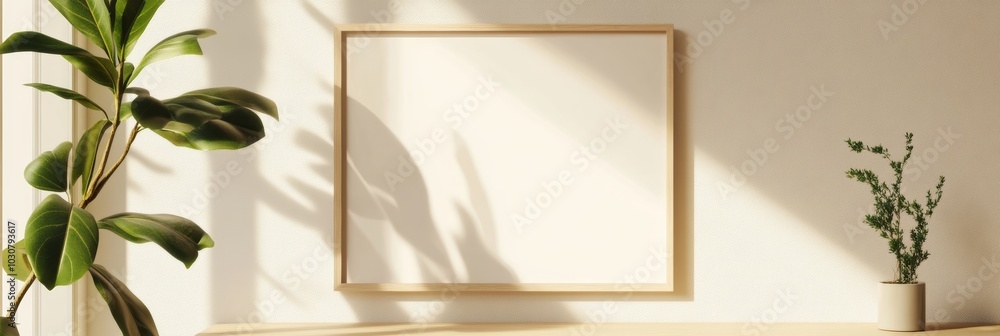 Poster a minimalistic rectangular photo frame with a glossy finish, isolated on a subtle cream background, 