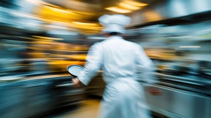 chef in a hurry running through the kitchen with a frying pan in hand, wearing a chef's hat and apron, bustling atmosphere with blurred kitchen equipment in the background