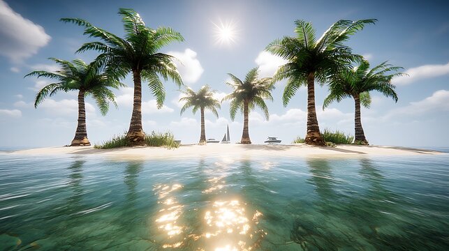 Tropical island with palm trees and turquoise water.