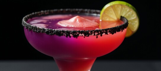 Detailed Canon EOS 5D Mark IV capture of a hauntingly beautiful purple-orange margarita against a dark backdrop