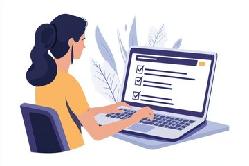 Illustration of a woman sitting at her desk, working on a computer and surrounded by office essentials filling out a form, symbolizing productivity, remote work, and a modern work environment. 