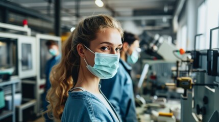 Woman Wearing Face Mask in a Factory Setting