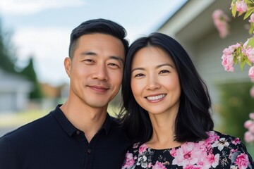 happy Asian couple in front of their new house, sunny